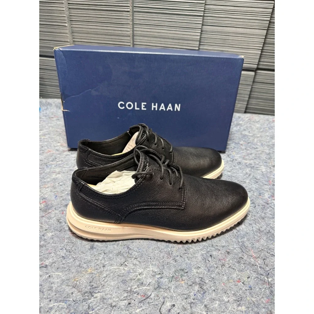 Cole Haan Men's 9‎ Grand Plus Plain Toe Oxford Black Leather Ivory C36934
